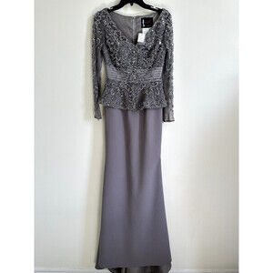 Mac Duggal Women's Sheer Beaded Peplem Gown Dress In Charcoal Size 2